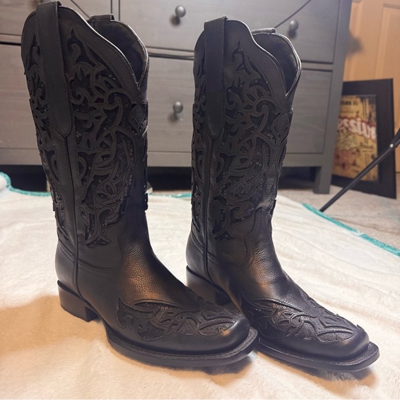 JB Dillion Black Leather & Sequin Cowboy Boots Size 7 1/2 (7.5) Never Worn. - Picture 8 of 9